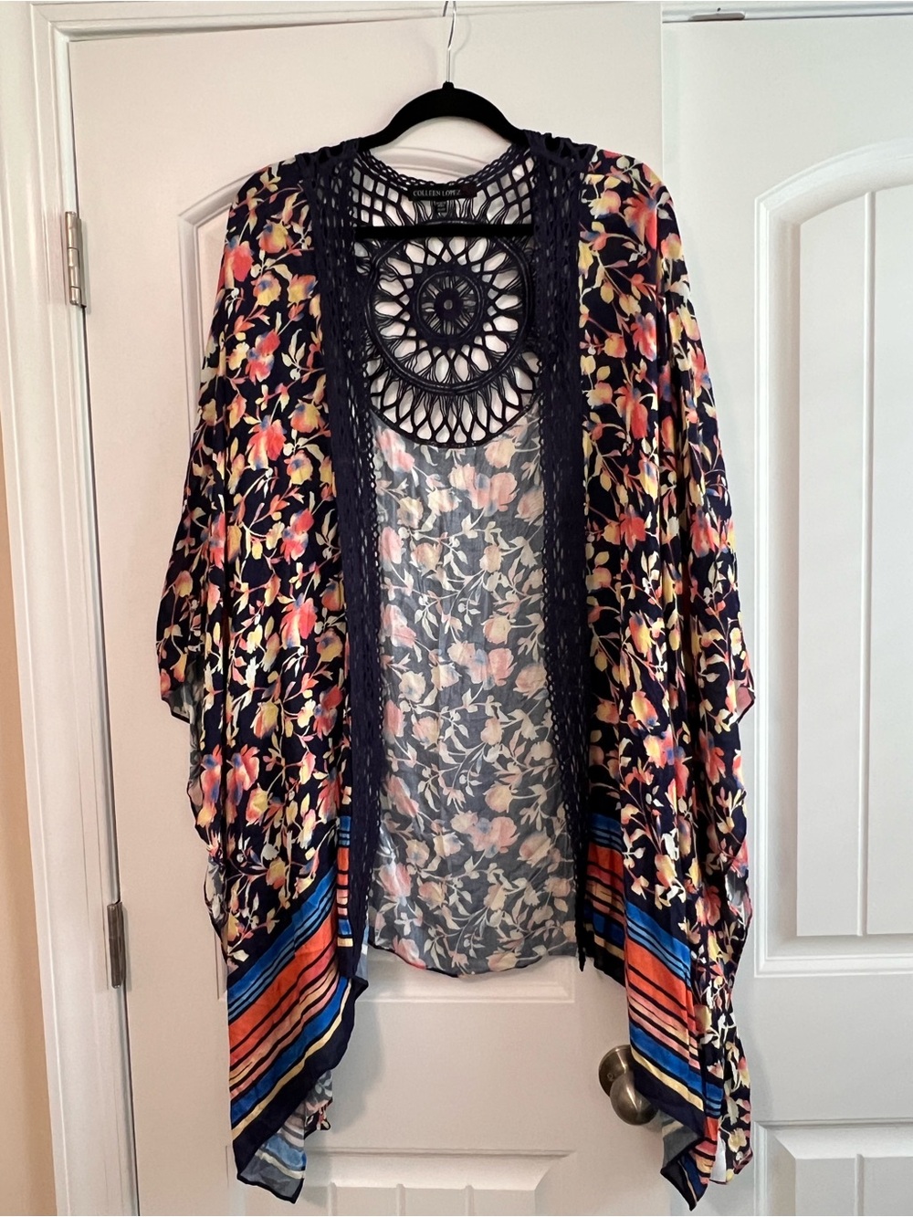 Colleen Lopez Boho Floral Medallion Crochet Back Kimono Cardigan XL/1X